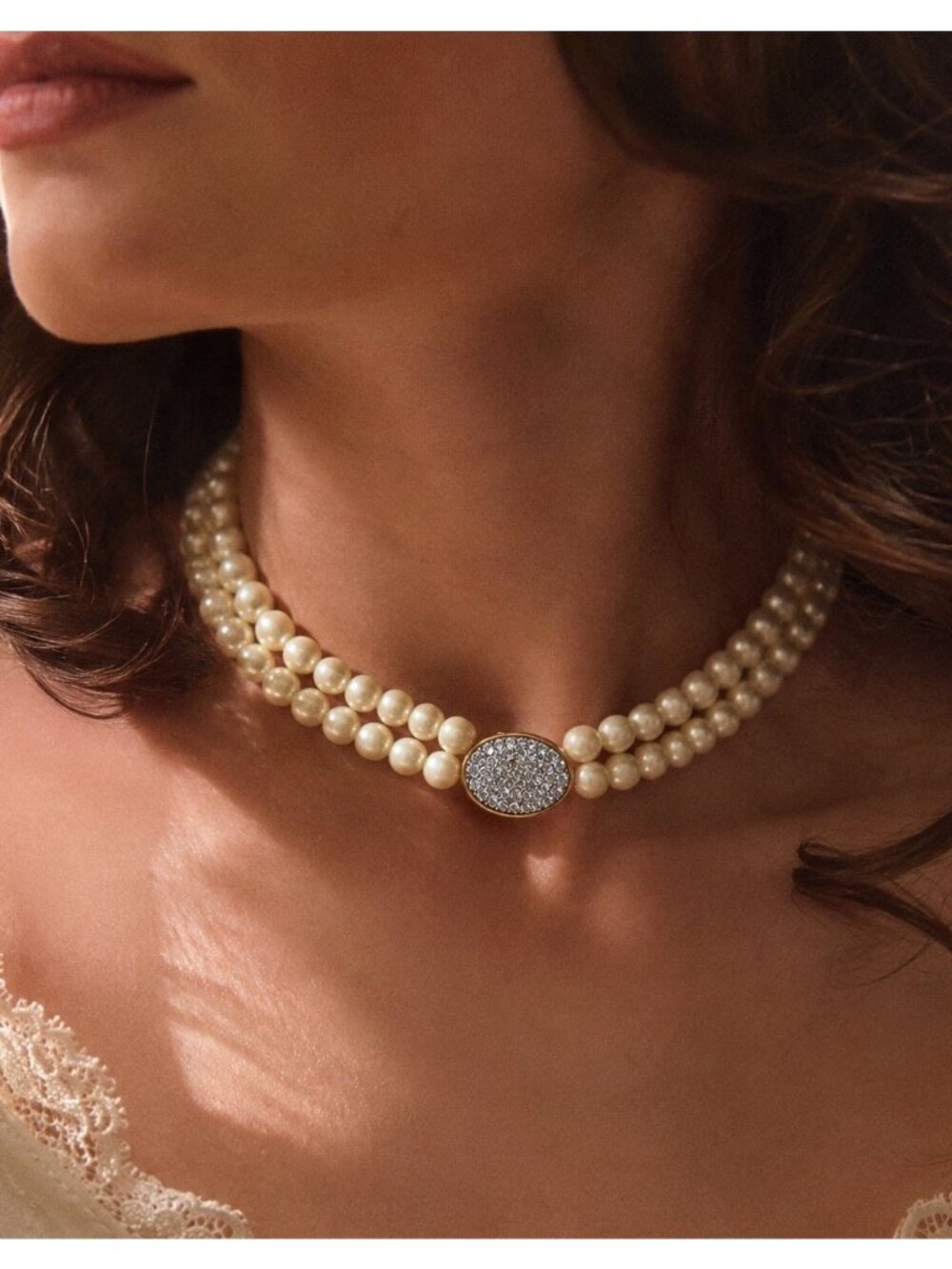Vintage Avon Presidents Club Necklace Faux Pearl Pave Rhinestone Double Strand